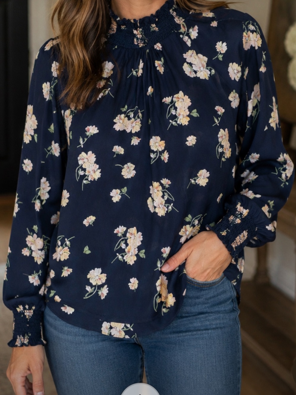 Reformation Theodora blouse with smocked neckline and wrists. size Medium